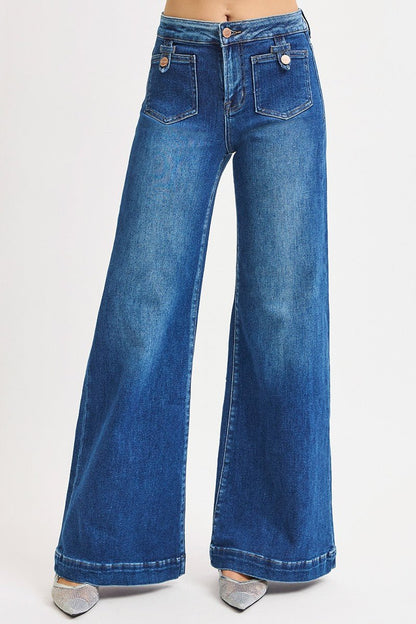 Risen Mid-Rise Wide Front Patch Pocket Western Jeans — Dark Wash with Trouser Hem & Tabbed Patch Pocket