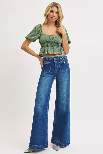 Risen Mid-Rise Wide Front Patch Pocket Western Jeans — Dark Wash with Trouser Hem & Tabbed Patch Pocket