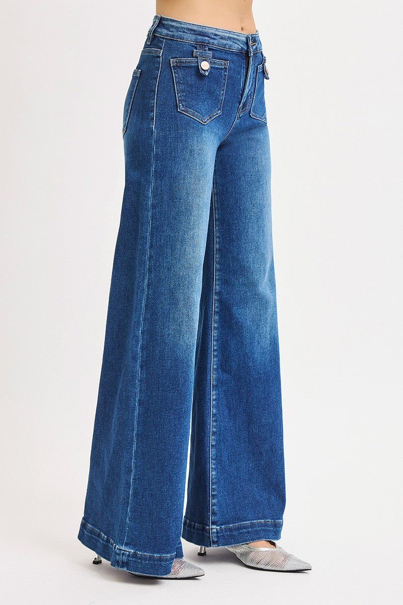 Risen Mid-Rise Wide Front Patch Pocket Western Jeans — Dark Wash with Trouser Hem & Tabbed Patch Pocket