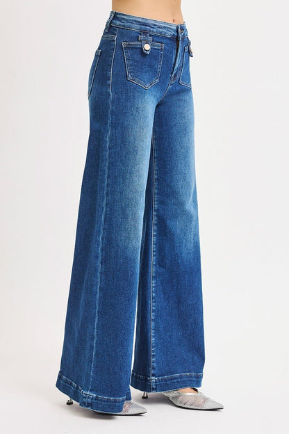 Risen Mid-Rise Wide Front Patch Pocket Western Jeans — Dark Wash with Trouser Hem & Tabbed Patch Pocket