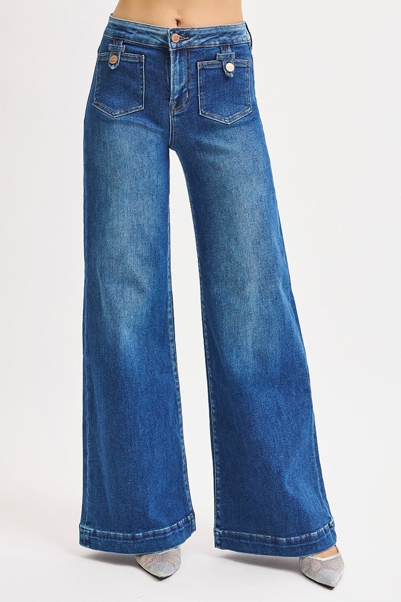Risen Mid-Rise Wide Front Patch Pocket Western Jeans — Dark Wash with Trouser Hem & Tabbed Patch Pocket