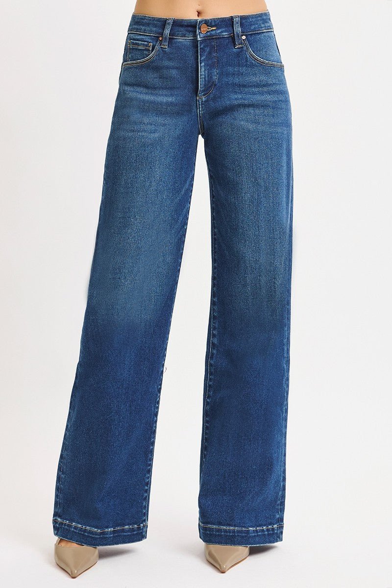 Risen Mid-Rise Wide Iron Press Line Detail Western Jeans — Dark Wash with Tummy Control & Slanted Pockets