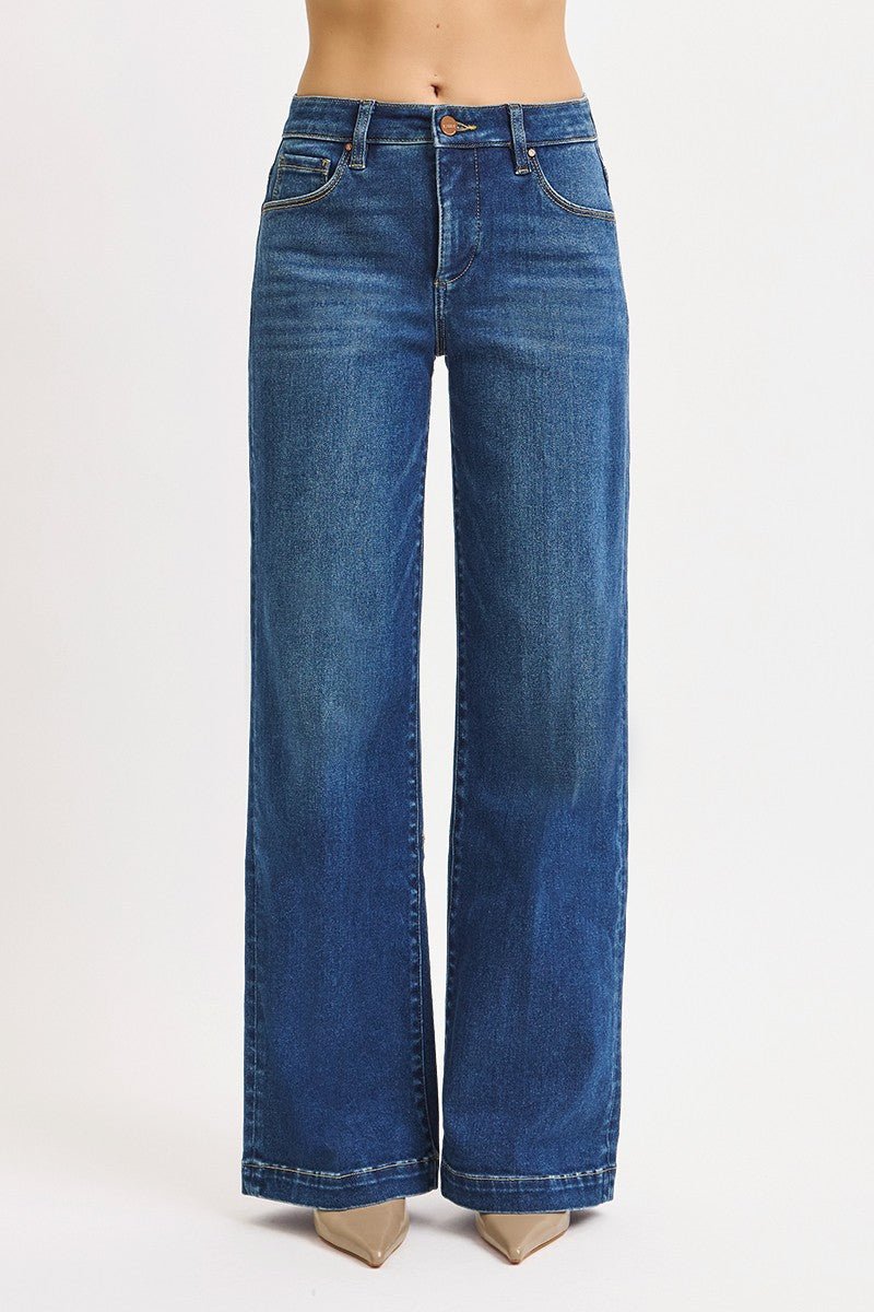 Risen Mid-Rise Wide Iron Press Line Detail Western Jeans — Dark Wash with Tummy Control & Slanted Pockets