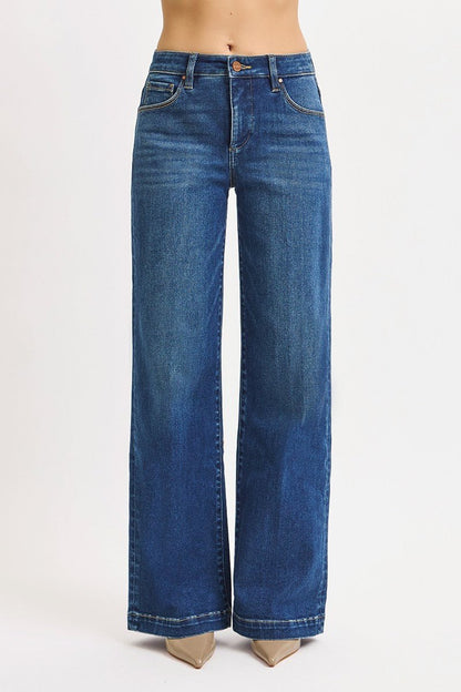Risen Mid-Rise Wide Iron Press Line Detail Western Jeans — Dark Wash with Tummy Control & Slanted Pockets