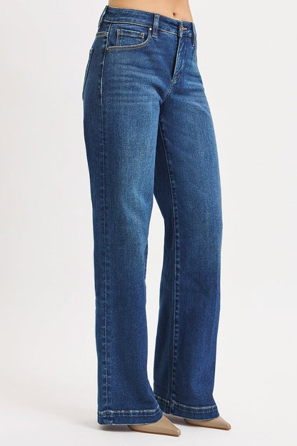 Risen Mid-Rise Wide Iron Press Line Detail Western Jeans — Dark Wash with Tummy Control & Slanted Pockets