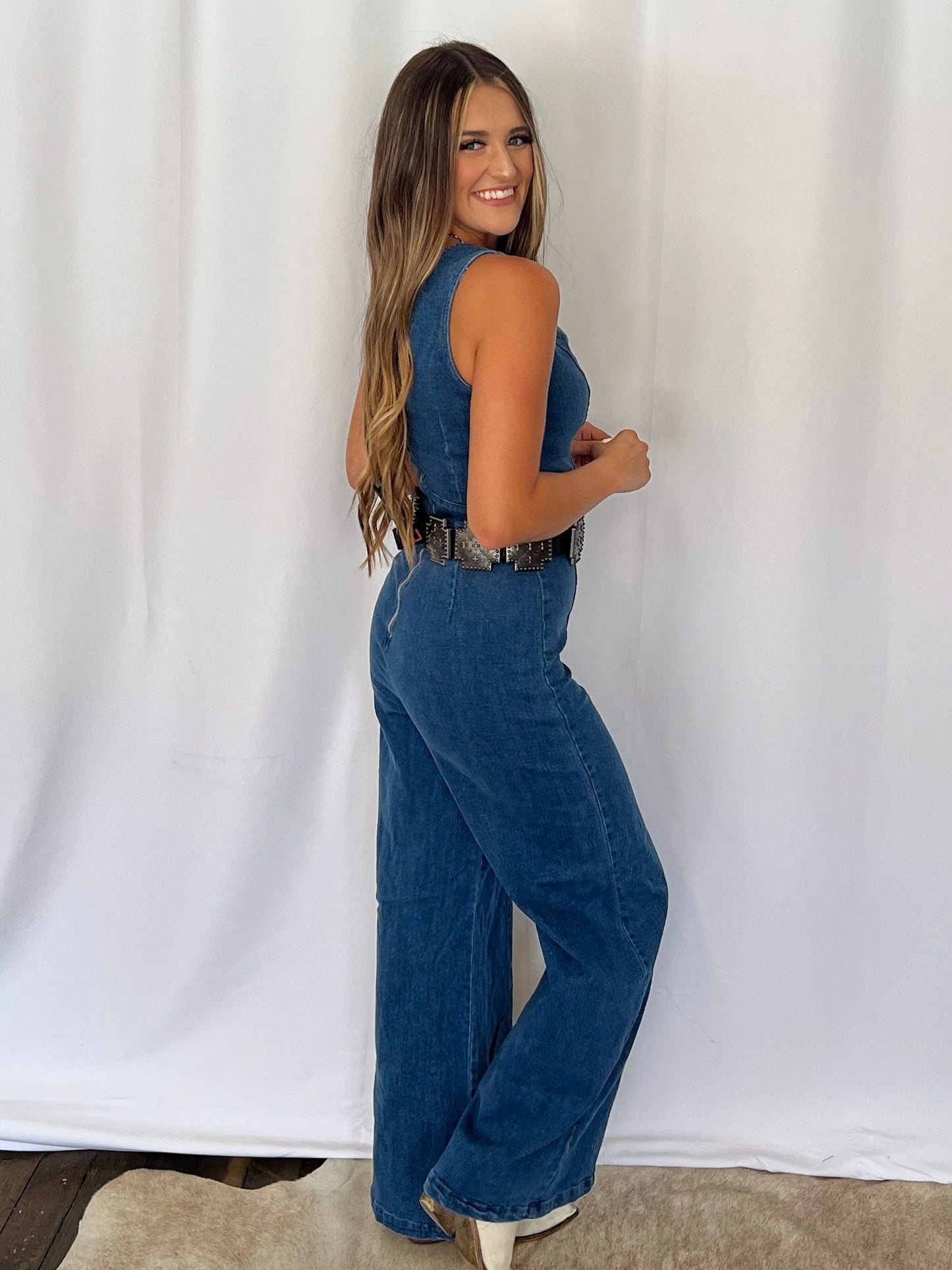 FLYING TOMATO "Rosie" Scalloped Neckline Washed Denim Western Jumpsuit — Wide-Leg with Banded Sash Belt & Back Zipper (small remains)