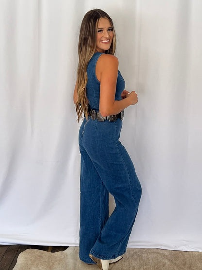 FLYING TOMATO "Rosie" Scalloped Neckline Washed Denim Western Jumpsuit — Wide-Leg with Banded Sash Belt & Back Zipper (small remains)