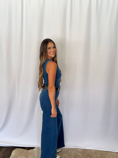 FLYING TOMATO "Rosie" Scalloped Neckline Washed Denim Western Jumpsuit — Wide-Leg with Banded Sash Belt & Back Zipper (small remains)