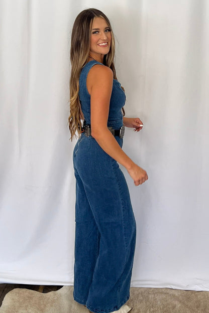 FLYING TOMATO "Rosie" Scalloped Neckline Washed Denim Western Jumpsuit — Wide-Leg with Banded Sash Belt & Back Zipper (small remains)