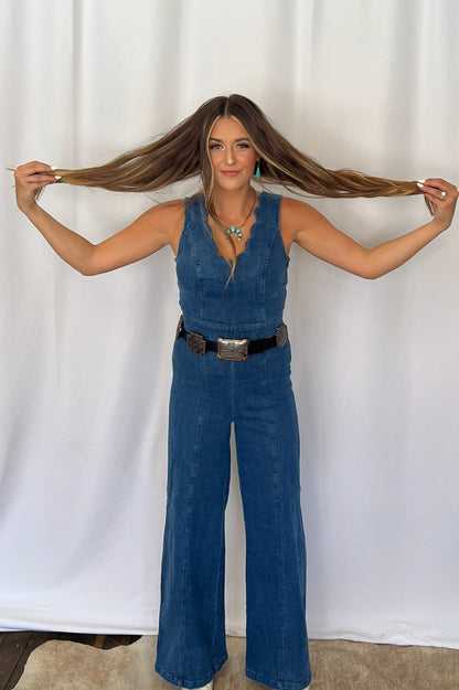 FLYING TOMATO "Rosie" Scalloped Neckline Washed Denim Western Jumpsuit — Wide-Leg with Banded Sash Belt & Back Zipper (small remains)