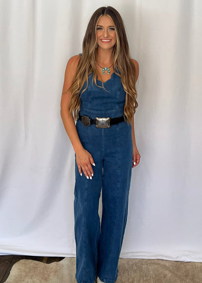 FLYING TOMATO "Rosie" Scalloped Neckline Washed Denim Western Jumpsuit — Wide-Leg with Banded Sash Belt & Back Zipper (small remains)