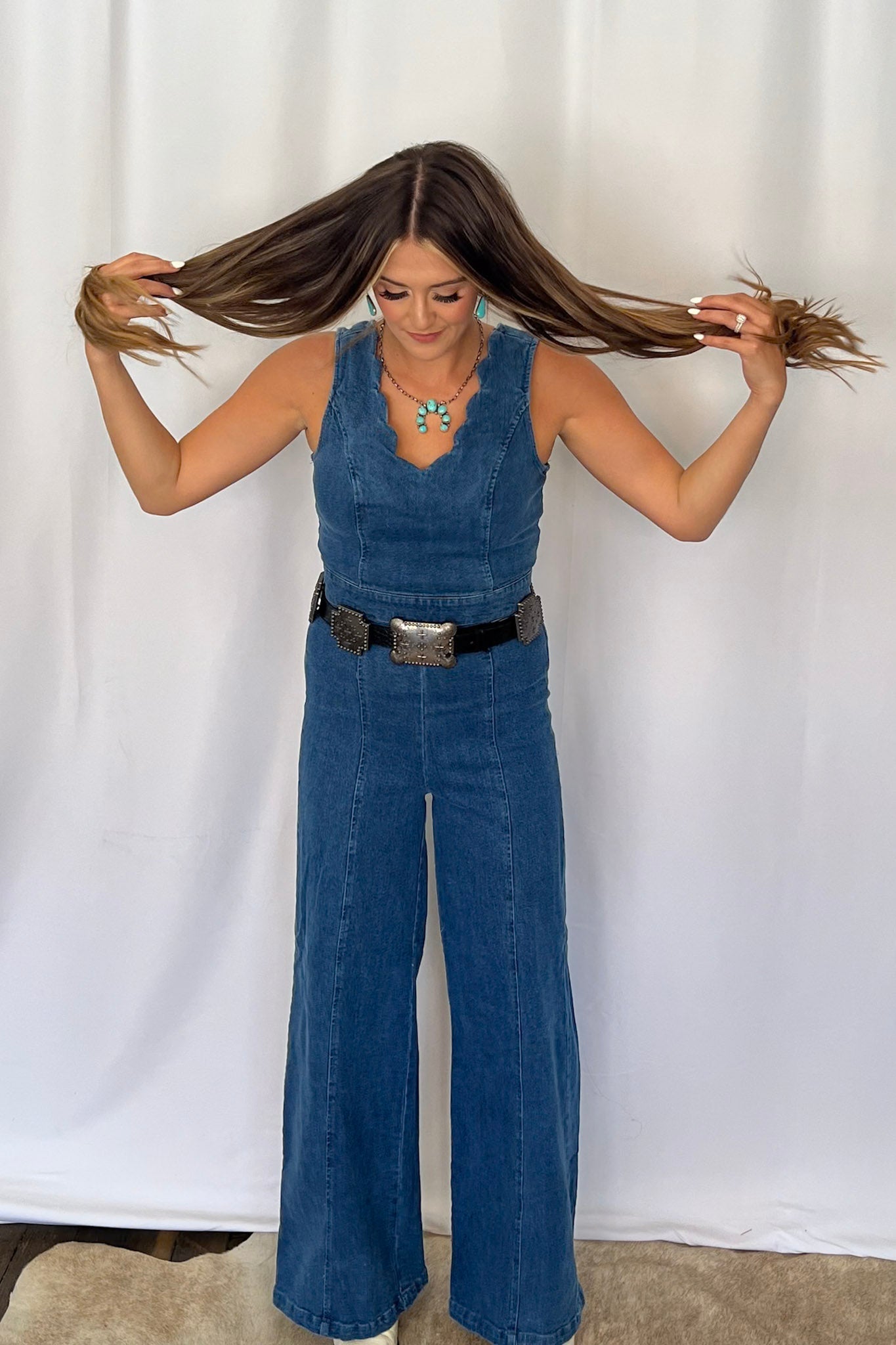 FLYING TOMATO "Rosie" Scalloped Neckline Washed Denim Western Jumpsuit — Wide-Leg with Banded Sash Belt & Back Zipper (small remains)