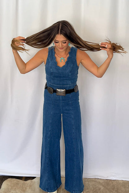 FLYING TOMATO "Rosie" Scalloped Neckline Washed Denim Western Jumpsuit — Wide-Leg with Banded Sash Belt & Back Zipper (small remains)