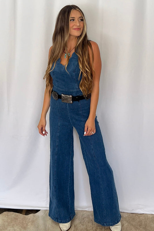 FLYING TOMATO "Rosie" Scalloped Neckline Washed Denim Western Jumpsuit — Wide-Leg with Banded Sash Belt & Back Zipper (small remains)