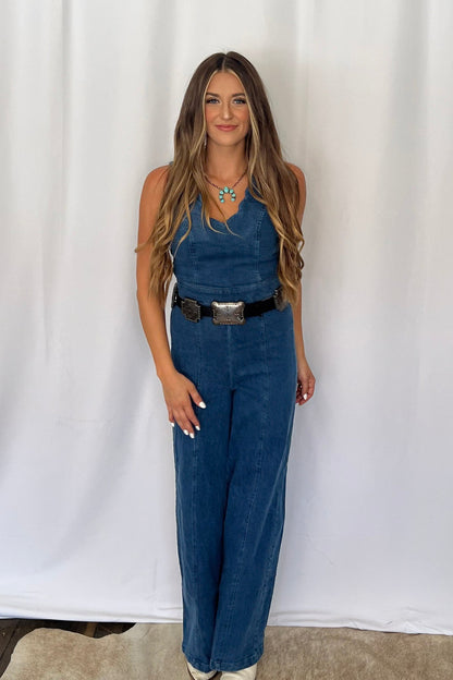 FLYING TOMATO "Rosie" Scalloped Neckline Washed Denim Western Jumpsuit — Wide-Leg with Banded Sash Belt & Back Zipper (small remains)