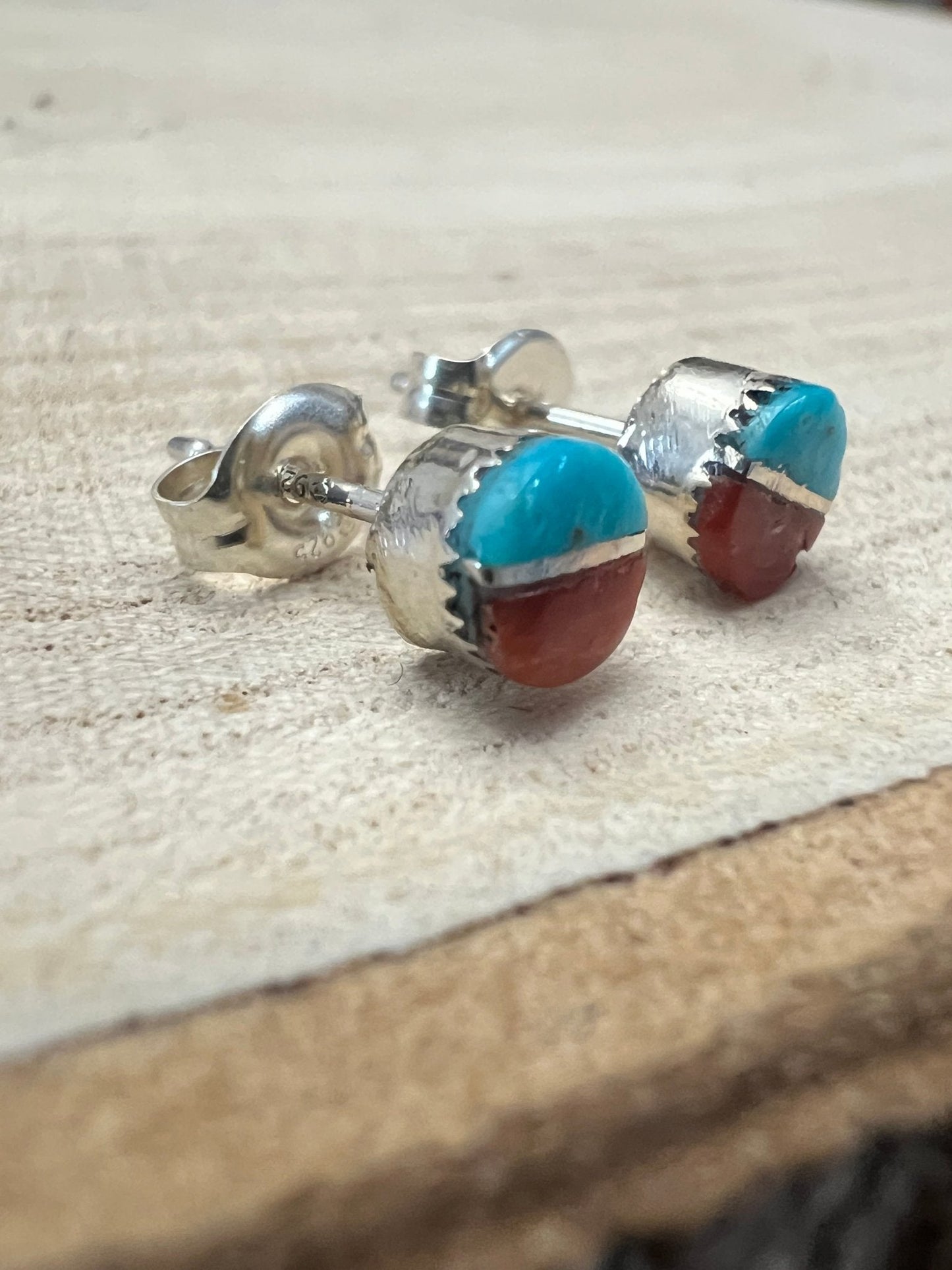 Rowena Laweka Zuni Turquoise & Coral Sterling Silver Post Earrings