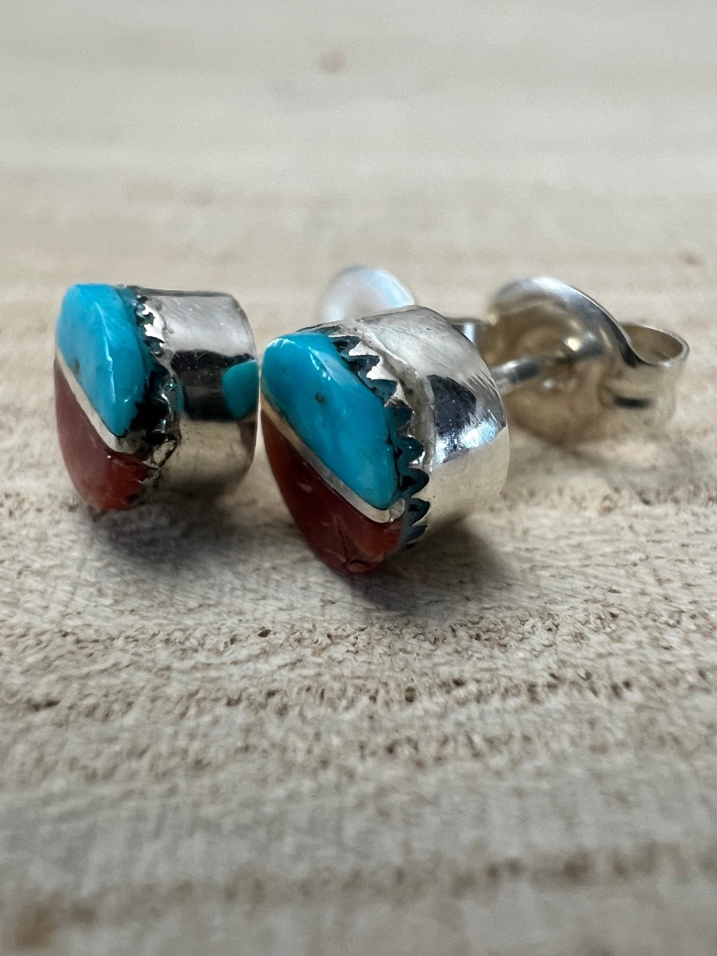 Rowena Laweka Zuni Turquoise & Coral Sterling Silver Post Earrings