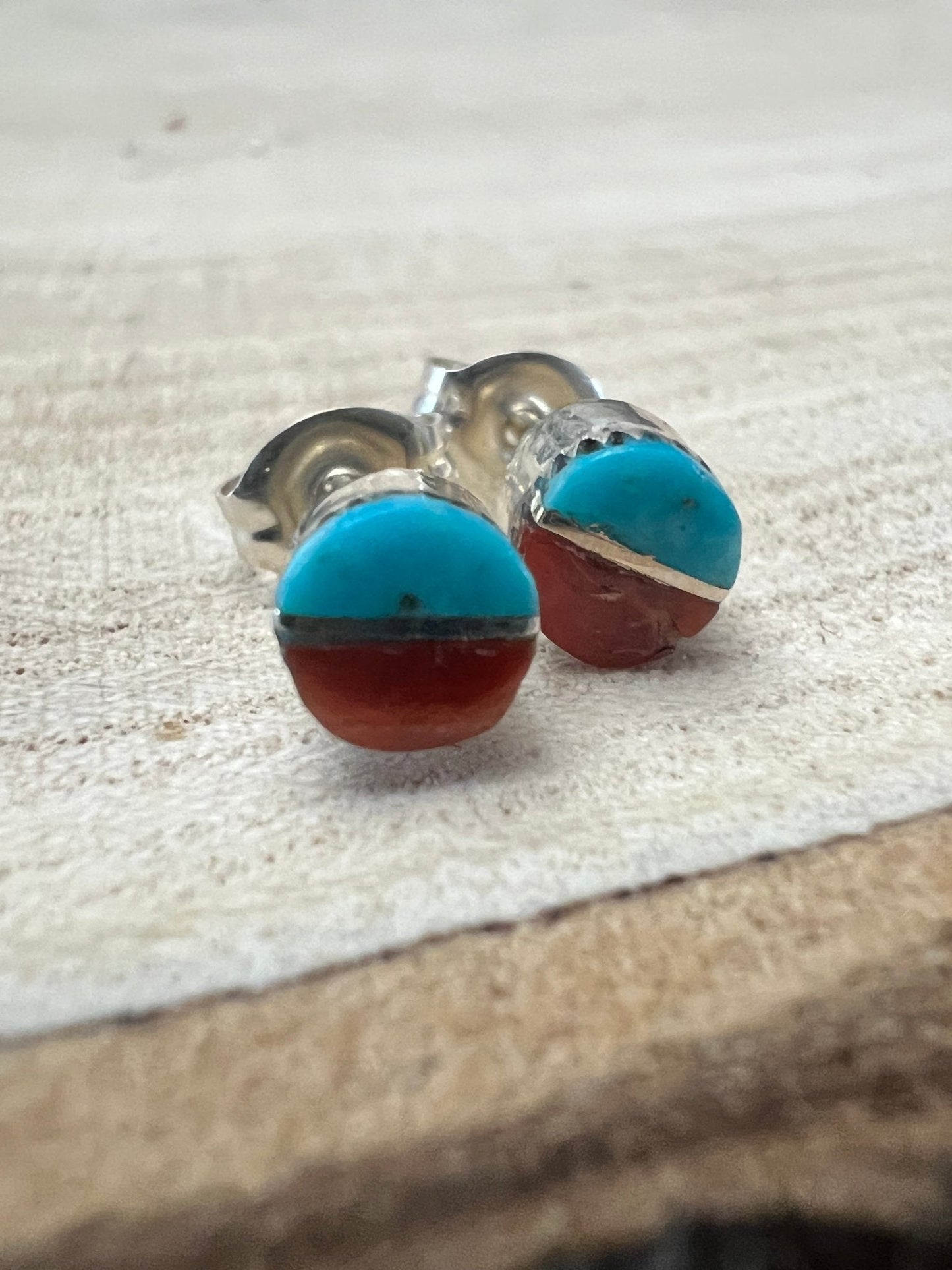 Rowena Laweka Zuni Turquoise & Coral Sterling Silver Post Earrings