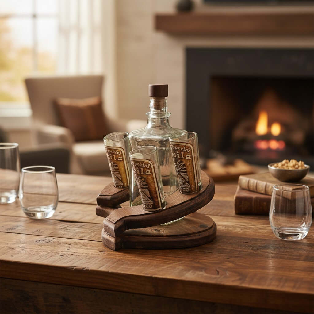 Mexican Tequila Decanter Set | Rustic Horseshoe Wood Display