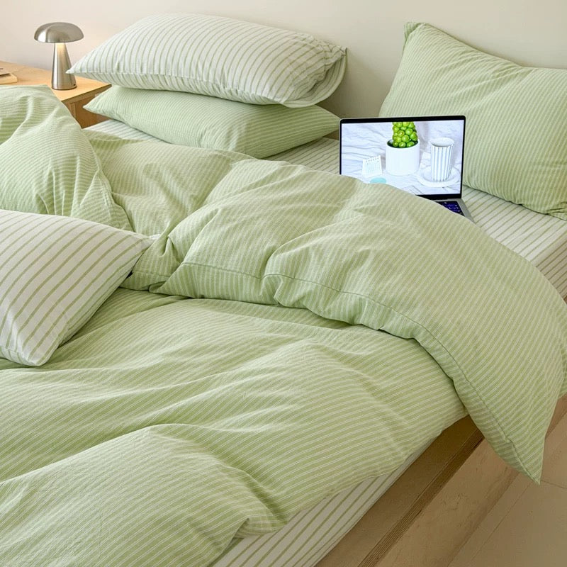 Pistachio Green Striped Duvet Cover Set