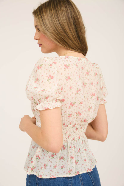 Blu Pepper "Salina" Western Crochet Lace Trim V-Neck Top — Red & Olive Floral Print