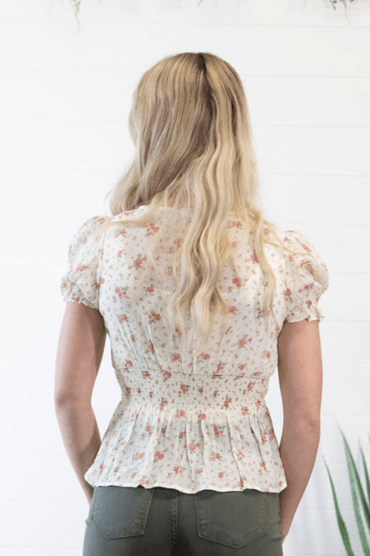 Blu Pepper "Salina" Western Crochet Lace Trim V-Neck Top — Red & Olive Floral Print