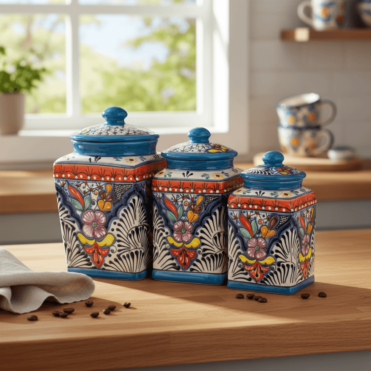 Set of 3 Light Blue Talavera Canister Set | Mexican Pottery