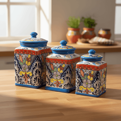 Set of 3 Light Blue Talavera Canister Set | Mexican Pottery