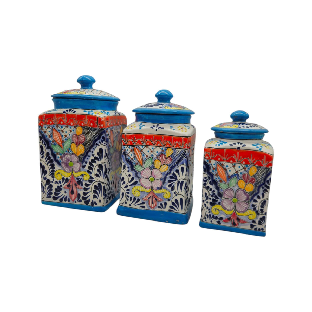 Set of 3 Light Blue Talavera Canister Set | Mexican Pottery