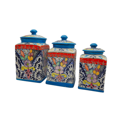 Set of 3 Light Blue Talavera Canister Set | Mexican Pottery