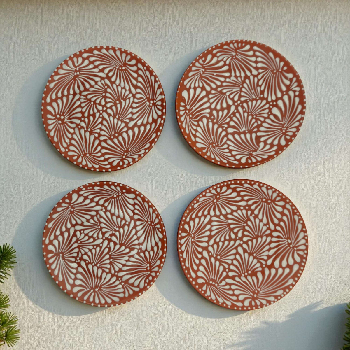 Set of 4 Brown & White Talavera Wall Plates | 11.5" Decorative Plates