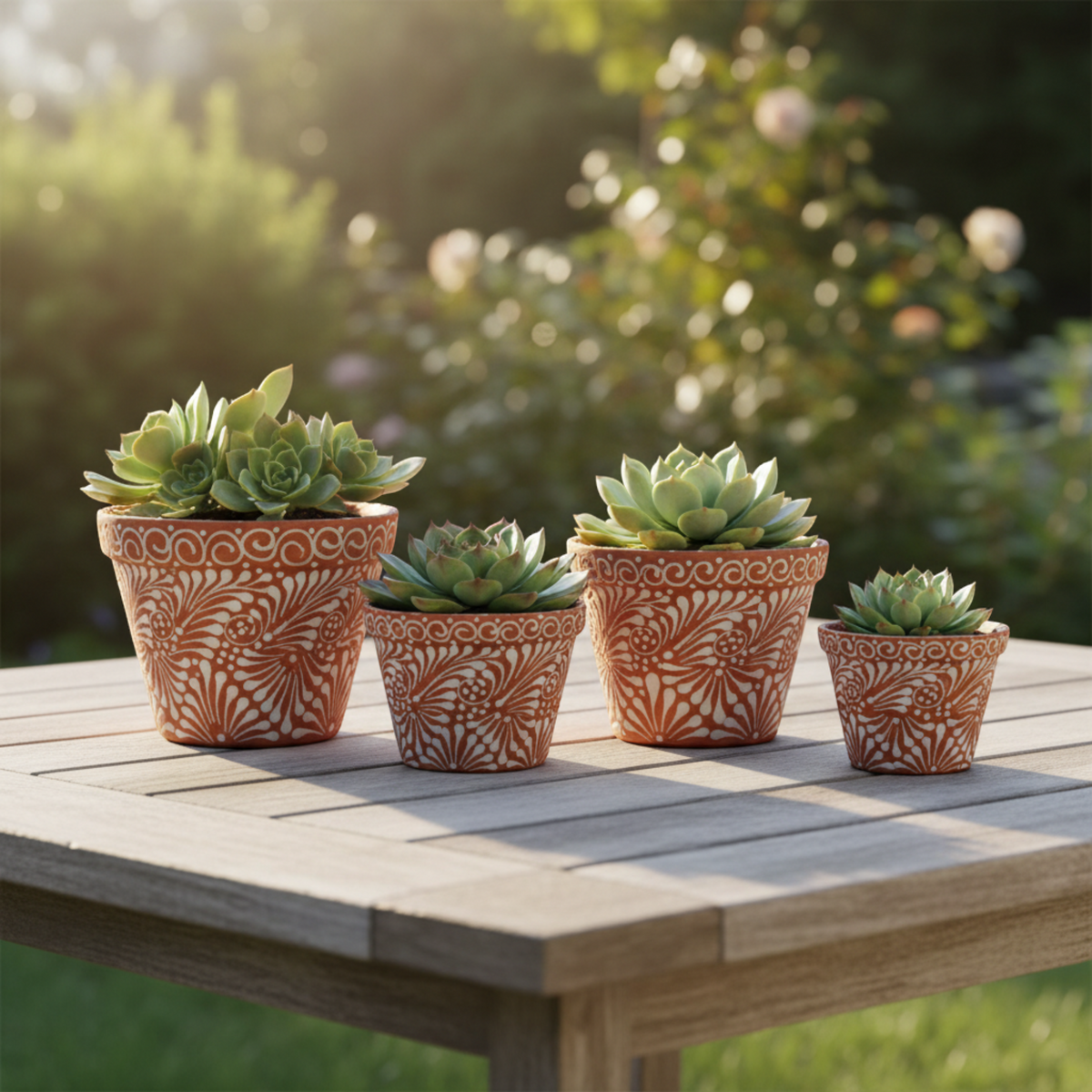 Set of 4 Talavera Flower Pots | Brown & White Terracotta Planters