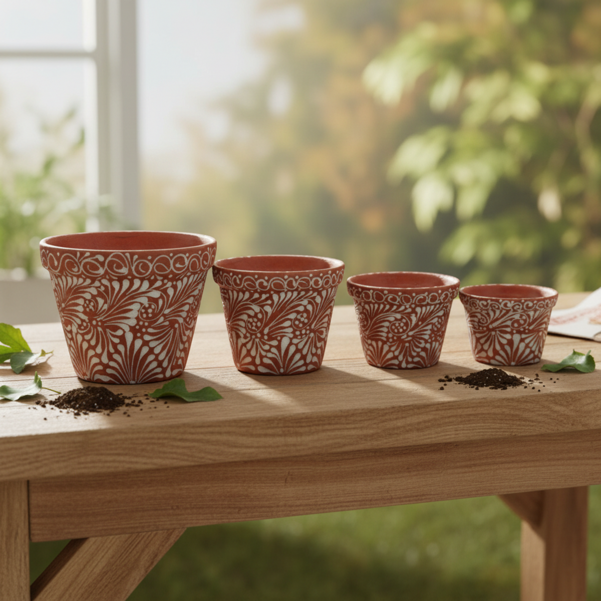 Set of 4 Talavera Flower Pots | Brown & White Terracotta Planters