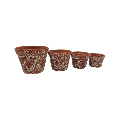 Set of 4 Talavera Flower Pots | Brown & White Terracotta Planters