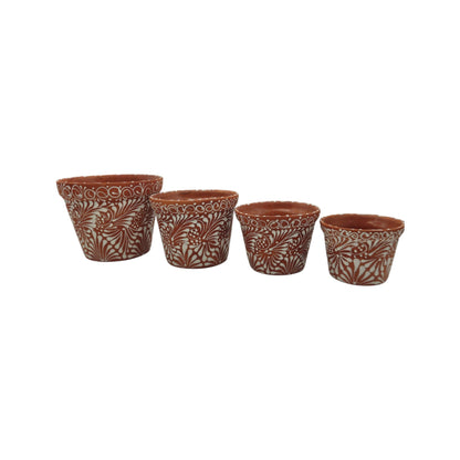 Set of 4 Talavera Flower Pots | Brown & White Terracotta Planters