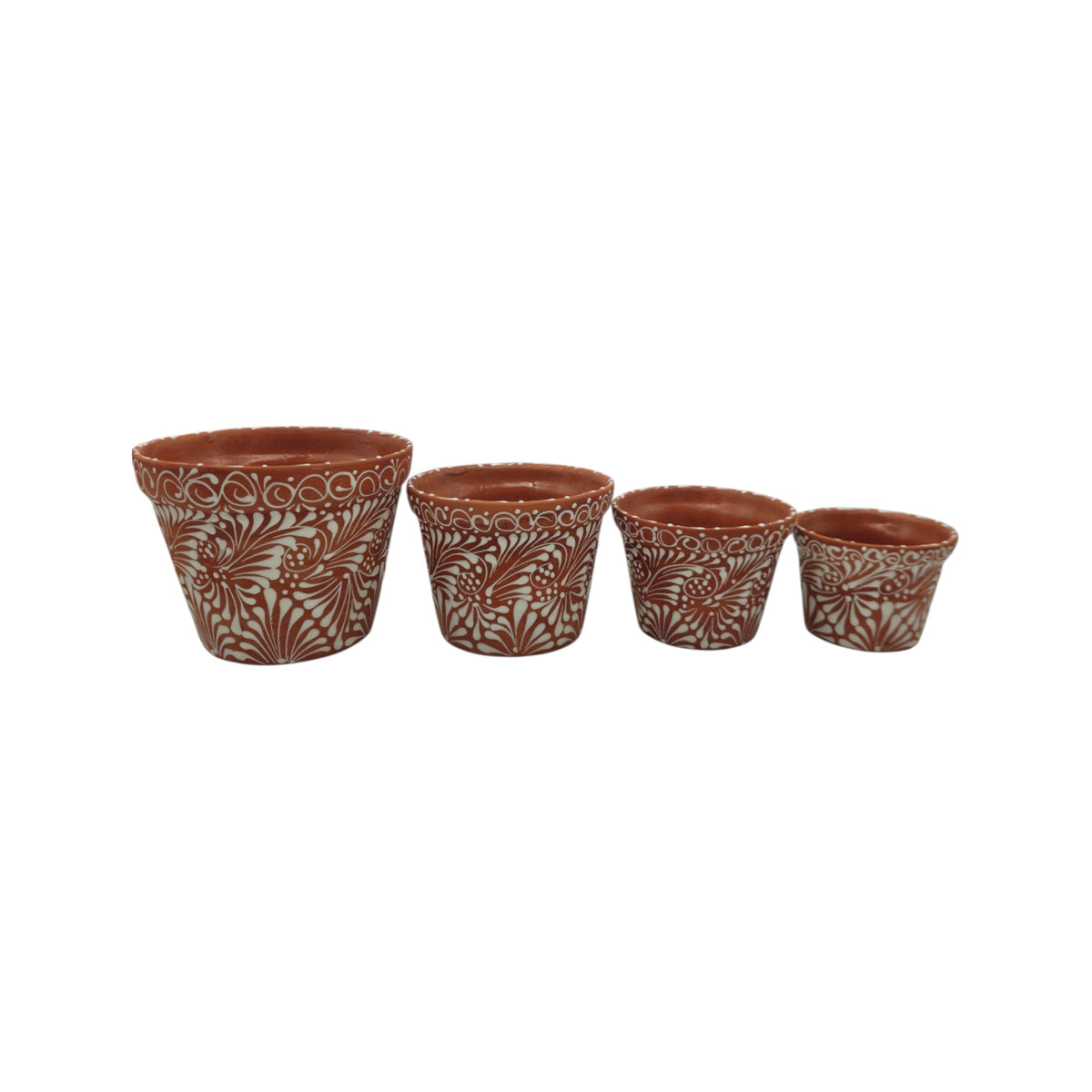 Set of 4 Talavera Flower Pots | Brown & White Terracotta Planters
