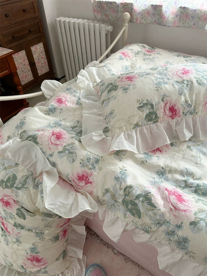 Pink Floral Ruffle Cotton Bedding Set