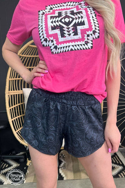 Sterling Kreek "Sheridan" Tooled Print Western Shorts — Midnight Black with Statement Tooled Detailing (small remaining)