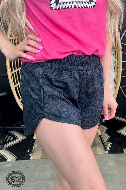 Sterling Kreek "Sheridan" Tooled Print Western Shorts — Midnight Black with Statement Tooled Detailing (small remaining)