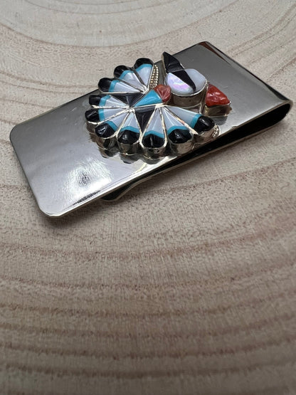 Sherry Nez Zuni Multi-Stone Inlay Money Clip — Sterling Silver & Stainless