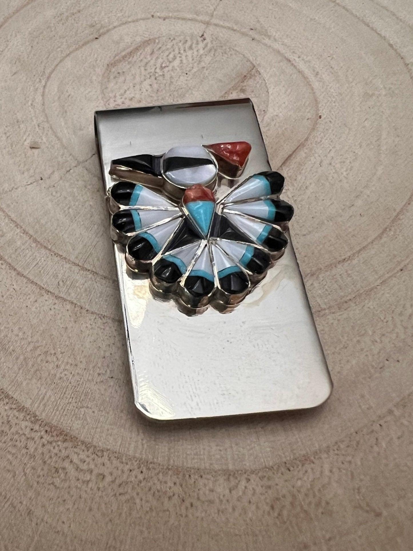 Sherry Nez Zuni Multi-Stone Inlay Money Clip — Sterling Silver & Stainless
