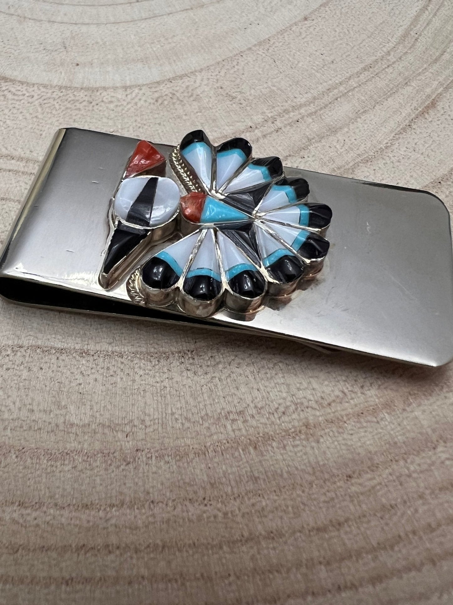 Sherry Nez Zuni Multi-Stone Inlay Money Clip — Sterling Silver & Stainless