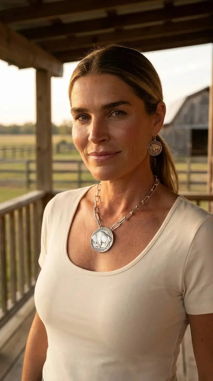 Silver Western Buffalo Coin Statement Choker & Earring Set — Oversized Coin Pendant