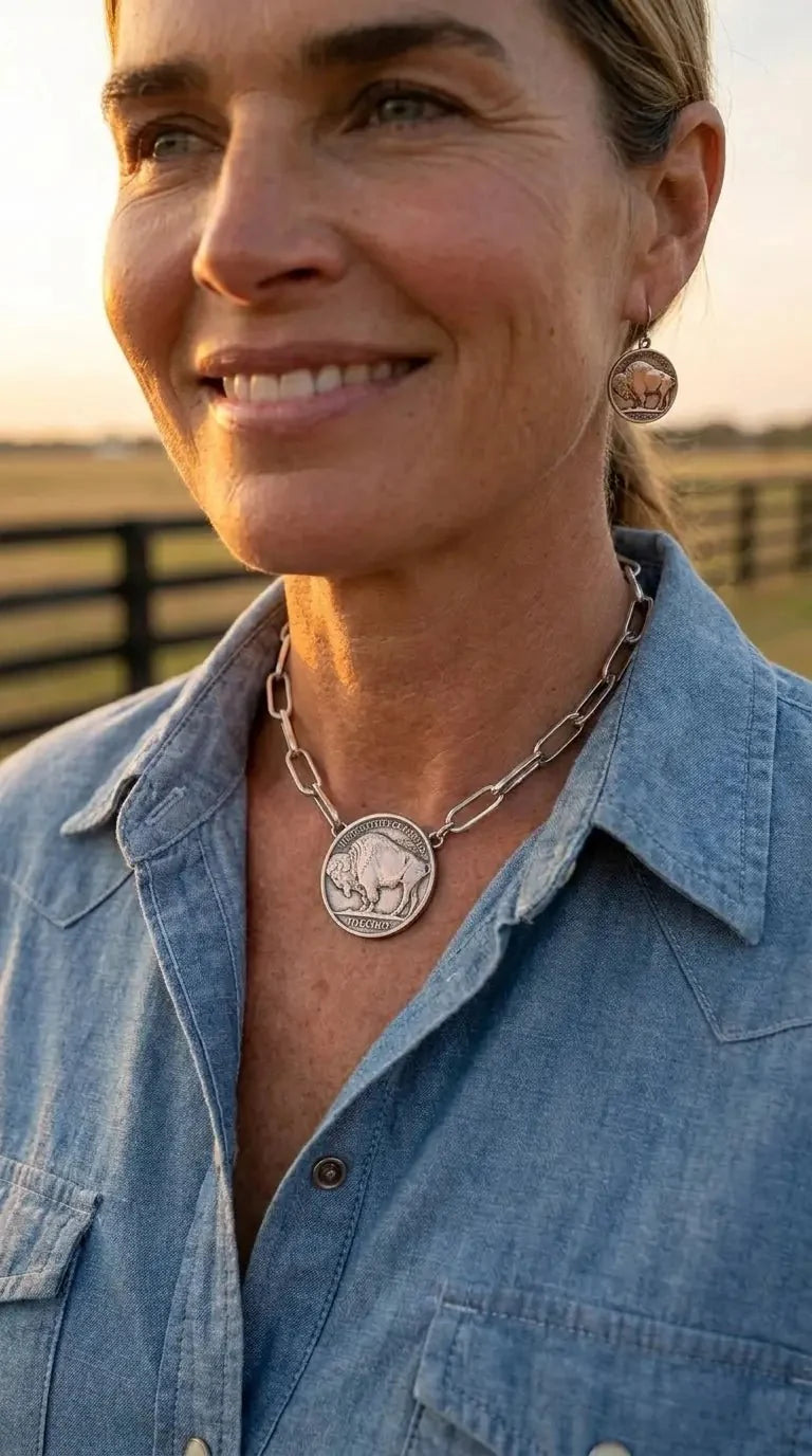 Silver Western Buffalo Coin Statement Choker & Earring Set — Oversized Coin Pendant
