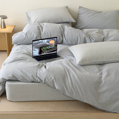 Light Gray Striped Cotton Duvet Cover Set