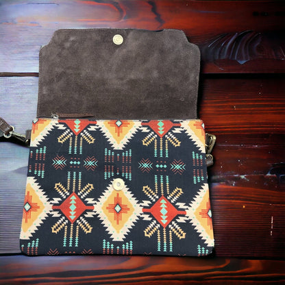 Sterling Kreek "South Point" Tooled Real Leather Crossbody Bag — Black Aztec Western Statement