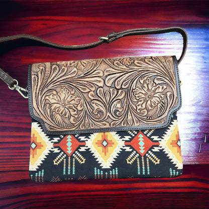 Sterling Kreek "South Point" Tooled Real Leather Crossbody Bag — Black Aztec Western Statement