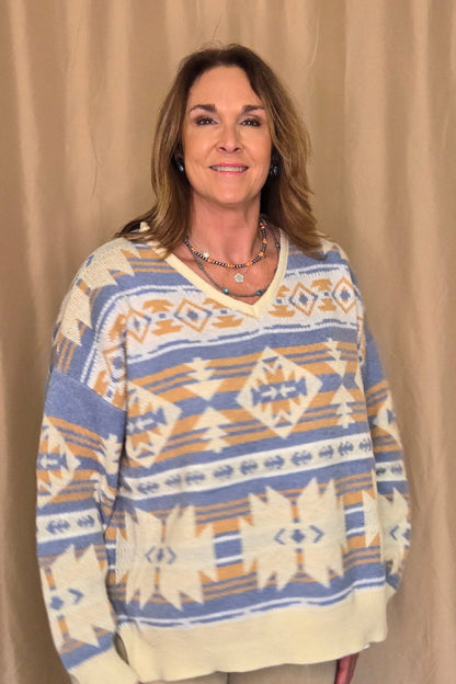 Main Strip Southwestern Knit Sweater — Oversized V-Neck with Bold Blue, Tan & Cream Print