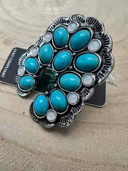 Western Squash Blossom Adjustable Ring — Faux Turquoise & Faux Opal Hand Statement