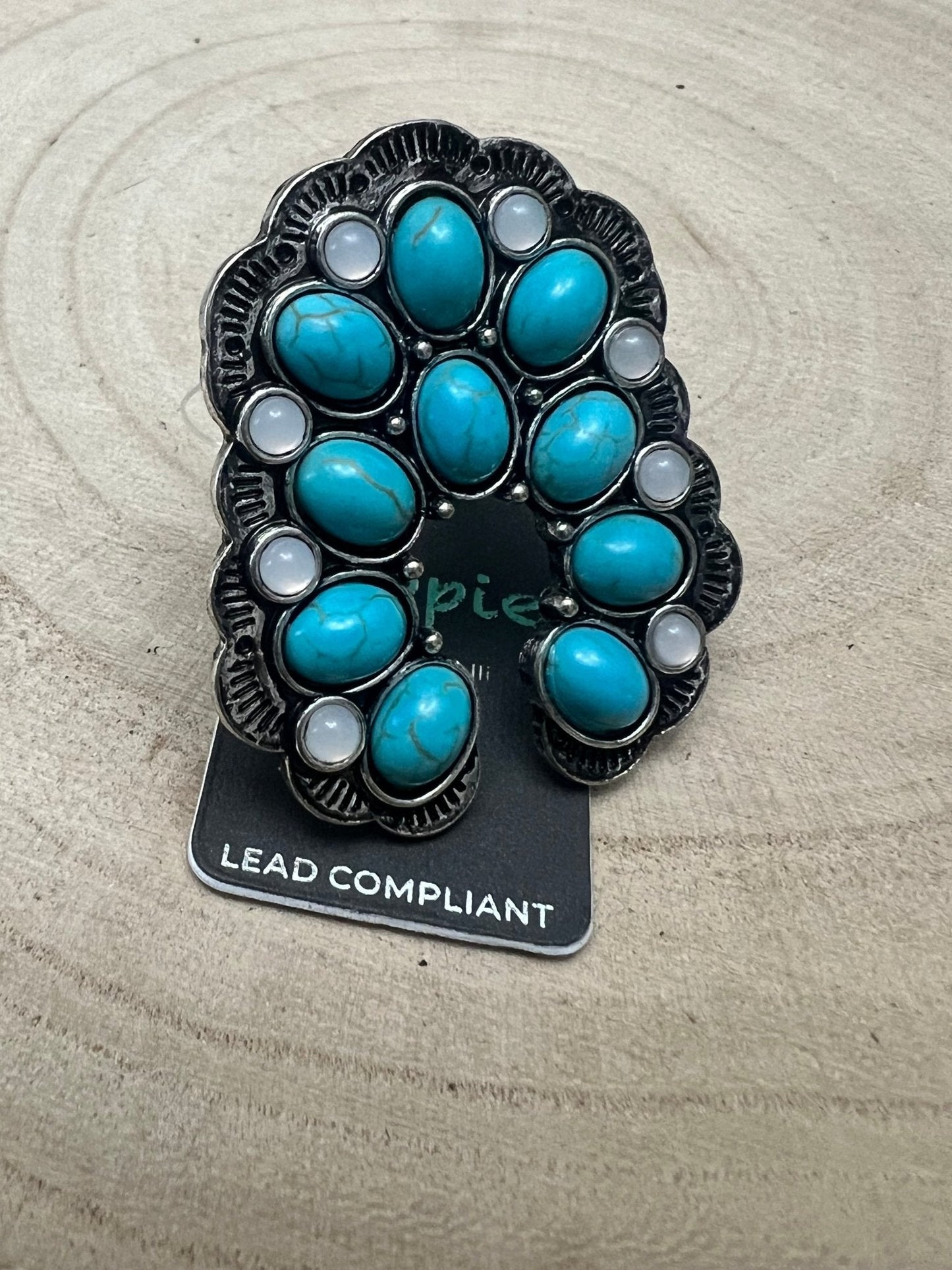 Western Squash Blossom Adjustable Ring — Faux Turquoise & Faux Opal Hand Statement